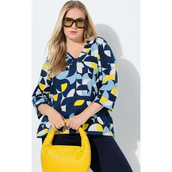 Dámské tričko Ulla Popken, Plus size Dlouhé tričko, A střih, výstřih do V, 3/4 rukávy pro plnoštíhlé nadměrná velikost, 846317730-1133, modrý, 62/64, Nadměrné velikosti, Plus size oblečení, Oblečení pro boubelky, Oblečení pro baculky, Oblečení pro plnoštíhlé, Oblečení