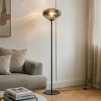 Lampička Lindby stojací lampa Lelia, kouřově šedá, sklo, kov, 150 cm - Podstavec - Ø 28 cm, výška 0,5 cm; délka kabelu 230 cm; výška stínidla na lampu 20 cm kouřově šedá, pískově černá 1 x 15 W LED - Doprava zdarma