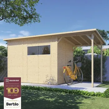 Zahradní domek Dřevěný zahradní domek Bertilo Fineline Modern 4 Plus přírodní 470 x 202 cm vč. přístřešku