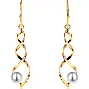 Náušnice Visací zlaté náušnice 585 - lesklá spirála s bílou kulatou perlou, háčky