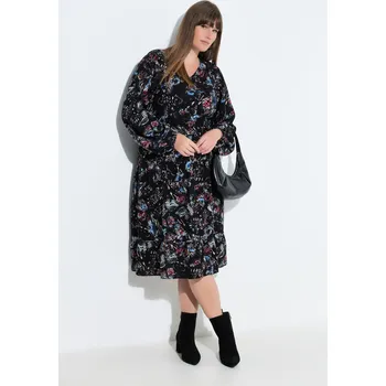 Dámské šaty Ulla Popken, Plus size Midi šaty, motýli, A střih, výstřih do V, dlouhé rukávy pro plnoštíhlé nadměrná velikost, 845287100-1130, černý, 50/52, Nadměrné velikosti, Plus size oblečení, Oblečení pro boubelky, Oblečení pro baculky, Oblečení pro plnoštíhlé, Ob
