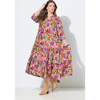Dámské šaty Ulla Popken, Plus size Maxi šaty, stojáček, výstřih do V, 3/4 rukávy, knoflíky pro plnoštíhlé nadměrná velikost, 826813810-1128, růžový, 42/44, Nadměrné velikosti, Plus size oblečení, Oblečení pro boubelky, Oblečení pro baculky, Oblečení pro plnoštíhlé, O