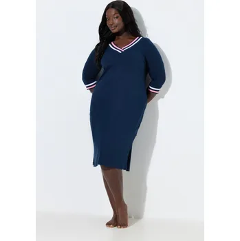 Dámská noční košile Ulla Popken, Plus size Noční košile, ozdobné lemy, výstřih do V, 3/4 rukávy pro plnoštíhlé nadměrná velikost, 797915139-1131, modrý, 54/56, Nadměrné velikosti, Plus size oblečení, Oblečení pro boubelky, Oblečení pro baculky, Oblečení pro plnoštíhlé, Obleč