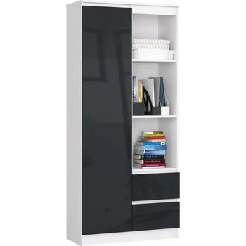 regál Policový regál se šuplíky a dvířky VALESTRA - bílý / tmavě šedý lesklý