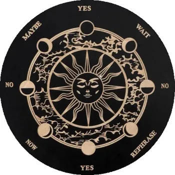 Kyvadlová dřevěná věštecká tabulka 15 cm Esoterická deska se symbolem slunce a lunárních fází Pomůcka pro práci s kyvadlem