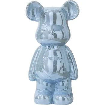 Velká keramická figurka medvěda 27 x 14 x 10 cm Lesklá glazura Designová dekorace interiéru Ozdobná socha na komodu polici světle modrá