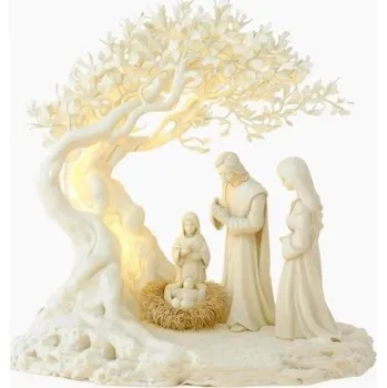 Dekorativní figurka svatá rodina pod stromem Plastová bytová dekorace náboženský motiv na stůl polici nebo komodu bílá