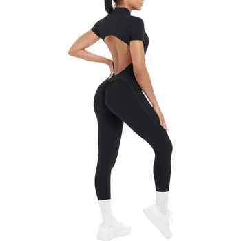 Dámský overall Dámský sportovní overal s krátkým rukávem Volná záda Zip ve výstřihu Přiléhavé legíny Jednobarevný Nylon Spandex černá M