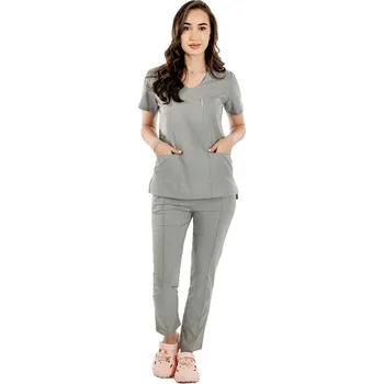 Zdravotnický oděv Šedý strečový lékařský oblek s halenkou do v, stahovací šňůrkou a elastickými kalhotami