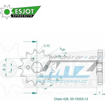 Řetězová sada pro motocykl Kolečko řetězové (pastorek) 0712-13zubů ESJOT 50-15053-13 - Aprilia 125 RS4 + 125SX+125RX+125Tuono + Derbi 125 DRD + Malaguti 125 RST+125 Monte Pro + Mondial 125 HPS+125i Enduro SMX CBS 50-15053-13