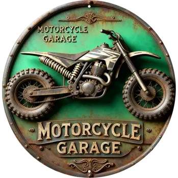 Plechová cedule Cedule 2D hliníková Retro motiv motorky Zelený podklad Vintage závěsná nástěnná dekorace do garáže, dílny i stylového interiéru
