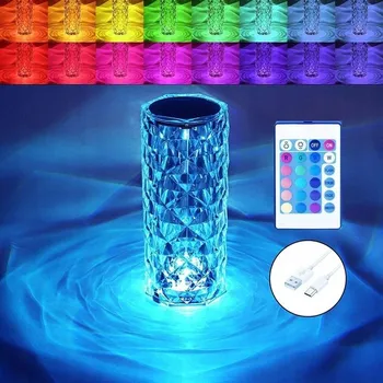 Lampička LED Křišťálová Stolní Lampa Diamantová RGB Dotyková s Dálkovým Ovládáním USB