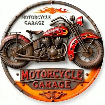 Plechová cedule Kulatá hliníková cedule 2D Retro motorkářská dekorace Motorka s plamenovým vzorem Vintage závěsná cedule na stěnu do garáže
