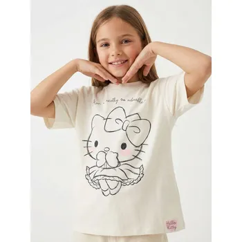 Dívčí oblečení Sinsay - Bavlněná košilka s potiskem Hello Kitty - krémová - 757HB-01X - 757HB-01X-140