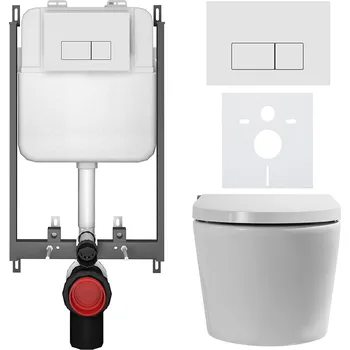 Toaletní stolek CERANO - WC závěsné s integrovaným elektronickým bidetem Cronus Standard, Vortex Rimless 180° + UF sedátko - bílá lesklá - WC tlačítko Prime/Modulo, bílá - pro zazdění - 59,3x38,4 cm