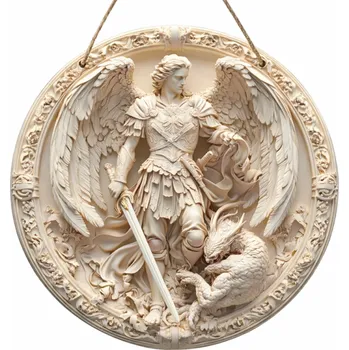 Bílá dřevěná nástěnná dekorace anděl s mečem 20 x 20 cm Kulatý 2D disk Placatá reliéfní ozdoba Ochranný duchovní symbol