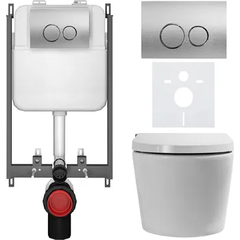 Toaletní stolek CERANO - WC závěsné s integrovaným elektronickým bidetem Cronus Standard, Vortex Rimless 180° + UF sedátko - bílá lesklá - WC tlačítko Prime/Duoalo, stříbrná - pro zazdění - 59,3x38,4 cm