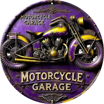 Plechová cedule Kulatá kovová cedule 2D Hliníková vintage dekorace Fialové provedení se žlutými prvky Motorkářský motiv Retro nástěnná cedule