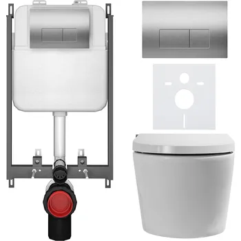 Toaletní stolek CERANO - WC závěsné s integrovaným elektronickým bidetem Cronus Standard, Vortex Rimless 180° + UF sedátko - bílá lesklá - WC tlačítko Prime/modulo, stříbrná - pro zazdění - 59,3x38,4 cm