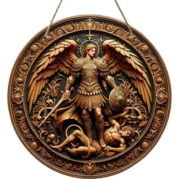 Dřevěná nástěnná dekorace anděl s křídly meč a štít 20 x 20 cm Kulatý 2D disk Placatá ochranná ozdoba interiéru