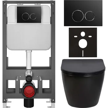 Toaletní stolek CERANO - Kompletní podomítkový WC set Verde - černá lesklá- WC tlačítko Prime/Duoalo, černá - volně stojící - předstěnová/sádrokarton instalace - 51x35 cm