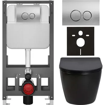 Toaletní stolek CERANO - Kompletní podomítkový WC set Verde - černá lesklá- WC tlačítko Prime/Duoalo, stříbrná - volně stojící - předstěnová/sádrokarton instalace - 51x35 cm