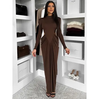 Dámské šaty Hnědé společenské dlouhé šaty ESTAVION s průstřihy Velikost: ONESIZE