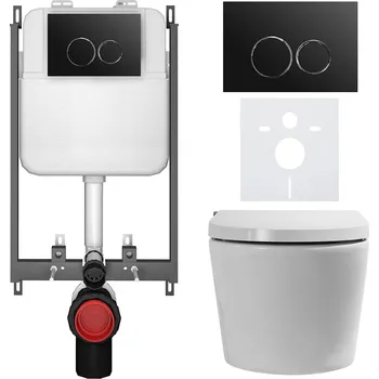 Toaletní stolek CERANO - WC závěsné s integrovaným elektronickým bidetem Cronus Standard, Vortex Rimless 180° + UF sedátko - bílá lesklá - WC tlačítko Prime/Duoalo, černá - pro zazdění - 59,3x38,4 cm