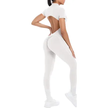 Dámský overall Dámský sportovní overal s krátkým rukávem Volná záda Zip ve výstřihu Přiléhavé legíny Jednobarevný Nylon Spandex bílá L
