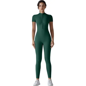 Dámský overall Dámský sportovní overal s krátkým rukávem Zip ve výstřihu Přiléhavé legíny Jednobarevný Nylon Spandex Fitness oblečení zelená M