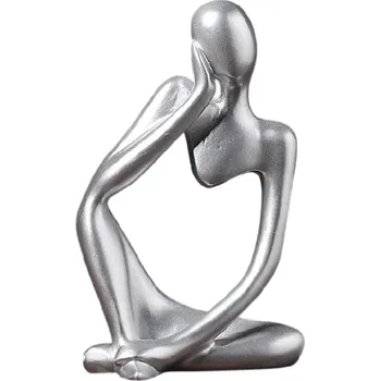 Dekorativní soška 7,5 x 6 x 13 cm Moderní abstraktní sedící figura Designová stolní dekorace Umělecká bytová ozdoba z pryskyřice stříbrná