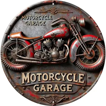 Plechová cedule Kulatá cedule 2D hliníková Černý retro motiv s červenými detaily Motorkářská vintage dekorace Závěsná cedule na stěnu