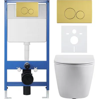 Toaletní stolek CERANO - Kompletní podomítkový WC set Lite/Cesso - bílá lesklá - WC tlačítko Duo. zlatá - předstěnová instalace - 49x36 cm