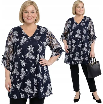 Dámská tunika Tmavě modrá krajková tunika s bílými květy a velikostí velikost 48/50