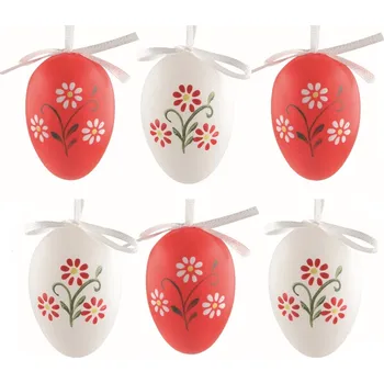 Velikonoční dekorace ANDĚL Velikonoční vejce plastová Květiny červené a bílé 6 cm na zavěšení, 6 ks v sáčku