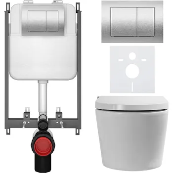 Toaletní stolek CERANO - WC závěsné s integrovaným elektronickým bidetem Cronus Standard, Vortex Rimless 180° + UF sedátko - bílá lesklá - WC tlačítko Prime/Maxio, stříbrná - pro zazdění - 59,3x38,4 cm