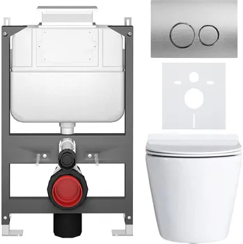 Toaletní stolek CERANO - Kompletní podomítkový WC set Norbi - bílá lesklá - WC tlačítko Prime/Duoalo, stříbrná - ovládání shora - předstěnová/sádrokarton instalace - 51x35 cm