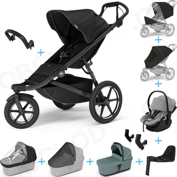 Kočárek Set 10v1 Thule Urban Glide 3 Black s magnetickou sponou + madlo + korbička Mid blue + pláštěnky a moskytiéry Thule + Autosedačka Thule Maple Light Gray s ISOFIX základnou Thule Alfi a adaptéry