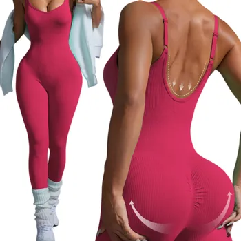 Dámský overall Dámský sportovní overal s tenkými ramínky Přiléhavé legíny Jednobarevný Nylon Spandex Fitness jóga cvičení tmavě růžová S