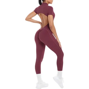 Dámský overall Dámský sportovní overal s krátkým rukávem Volná záda Zip ve výstřihu Přiléhavé legíny Jednobarevný Nylon Spandex bordová M