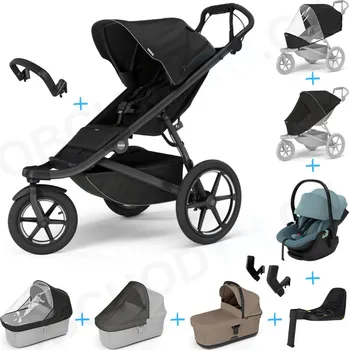 Kočárek Set 10v1 Thule Urban Glide 3 Black s magnetickou sponou + madlo + korbička Tinted Taupe + pláštěnky a moskytiéry Thule + Autosedačka Thule Maple Mid Blue s ISOFIX základnou Thule Alfi a adaptéry