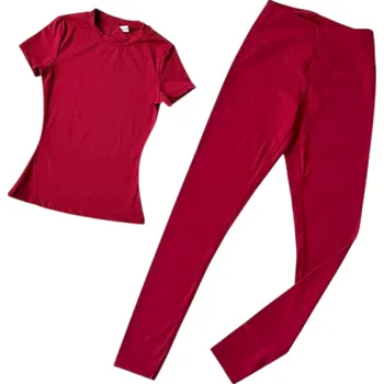 Dámské legíny Dámská sportovní souprava Tričko s krátkým rukávem Legíny Jednobarevná Nylon Spandex Fitness jóga cvičení červená L