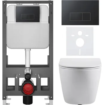 Toaletní stolek CERANO - Kompletní podomítkový WC set Cesso - bílá lesklá - WC tlačítko Prime/Modulo, černá - volně stojící - předstěnová/sádrokarton instalace - 51x35 cm