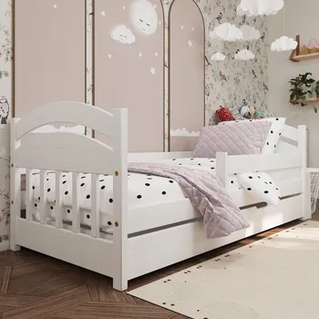 Dětská postel bílá 180x80 cm Leo se zásuvkou, zábranou a roštem, dřevěná