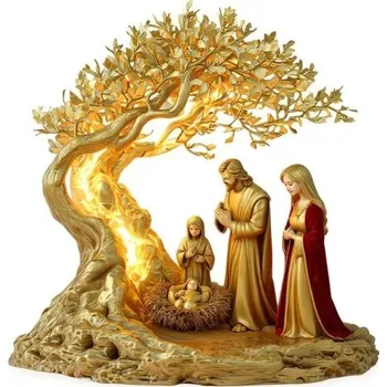 Dekorativní figurka svatá rodina pod stromem Plastová bytová dekorace náboženský motiv na stůl polici nebo komodu zlatá