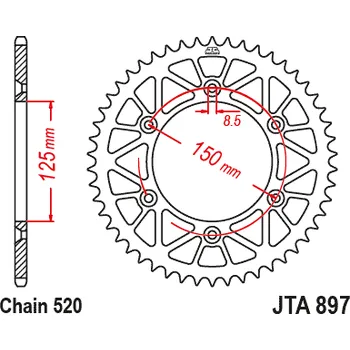 Řetězová sada pro motocykl Hliníková řetězová rozeta JT JTA 897-49RED 49 zubů, 520 červená JTA897.49RED