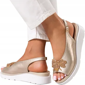 Dámské sandále SANDÁLY Dámské Kožené Šampaňské Bílá Platforma Produkt Polský vel. 38