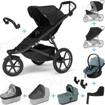 Kočárek Set 10v1 Thule Urban Glide 3 Black s magnetickou sponou + madlo + korbička Mid blue + pláštěnky a moskytiéry Thule + Autosedačka Thule Maple Mid Blue s ISOFIX základnou Thule Alfi a adaptéry