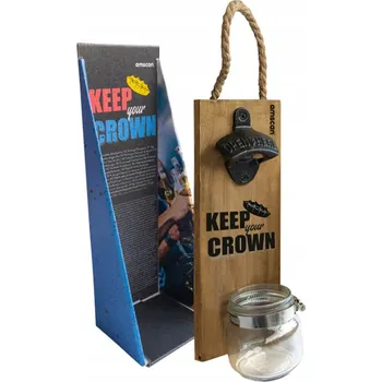 Otvírák Amscan Keep Your Crown otvírák na lahve závěsný s nádobou na zátky dřevěný/černý