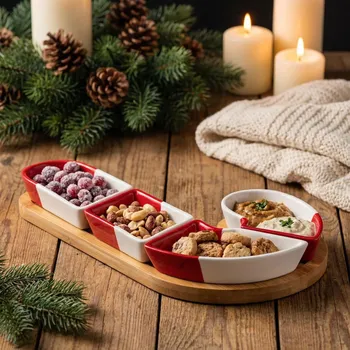 Porcelánová servírovací mísa na bambusovém podstavci ALTOM DESIGN CUKROWA LASECZKA 30 cm červeno-bílá